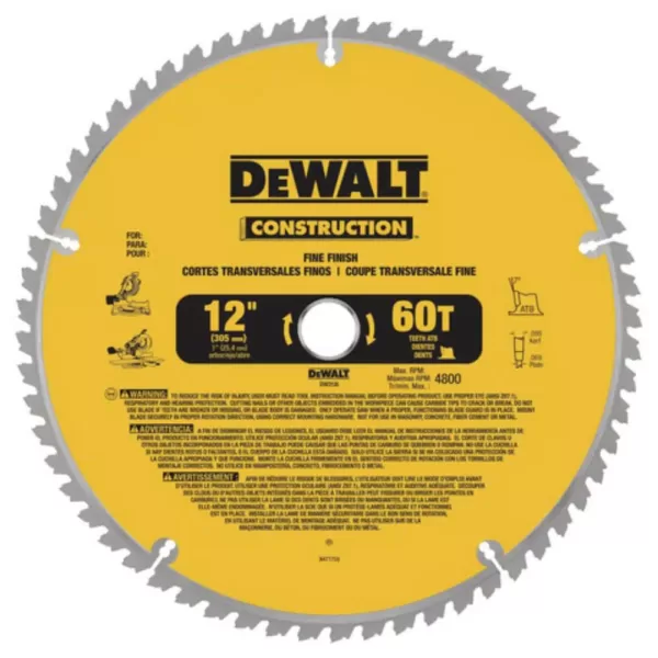 DEWALT 20 Series 12 in. 60T Fine Finish Saw Blade