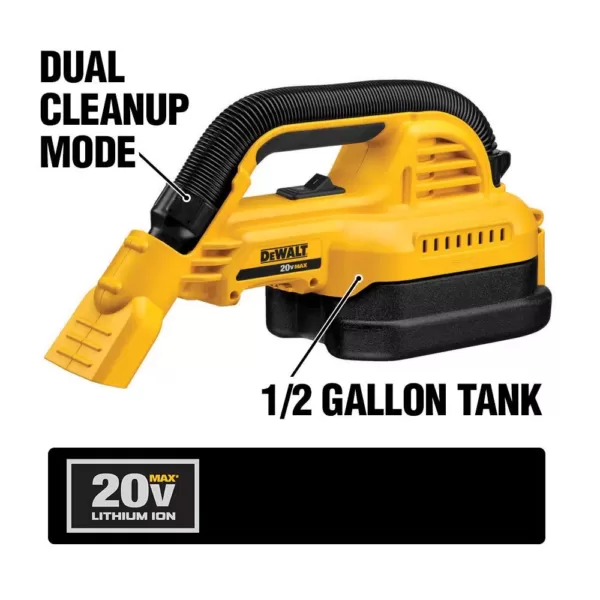 DEWALT 20-Volt MAX Lithium-Ion 1/2 Gal. Wet/Dry Portable Vacuum (Tool-Only) with 2Ah Battery