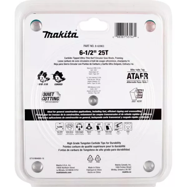 Makita 6-1/2 in. 25T Carbide-Tipped Max Efficiency Ultra-Thin Kerf Circular Saw Blade, Framing