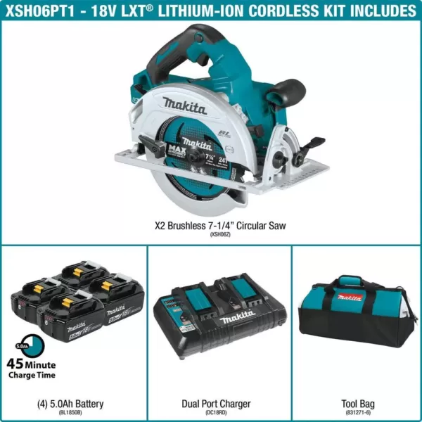 Makita 18-Volt X2 LXT Lithium-Ion (36-Volt) Brushless Cordless 7-1/4 in. Circular Saw Kit with 4 Batteries (5.0Ah)