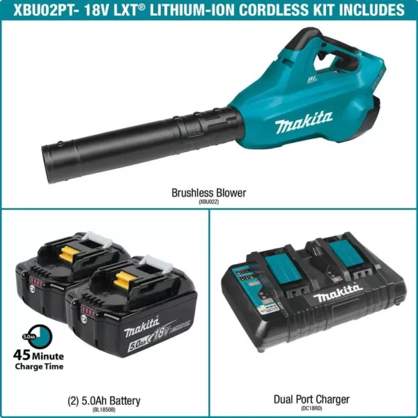 Makita 120 MPH 473 CFM 18-Volt X2 (36-Volt) LXT Lithium-Ion Brushless Cordless Blower Kit with 2 Batteries 5.0Ah and Charger