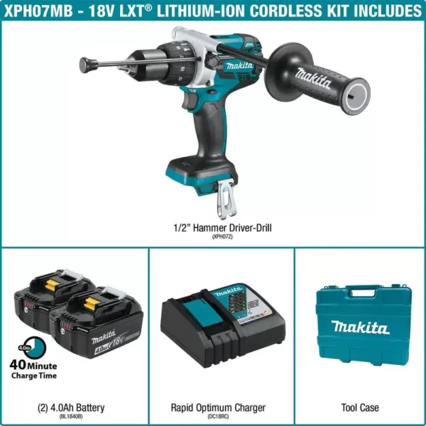 Makita 18-Volt LXT Brushless Lithium-Ion 1/2 in. Cordless Hammer Drill Kit with (2) Batteries (4.0Ah), Charger and Hard Case