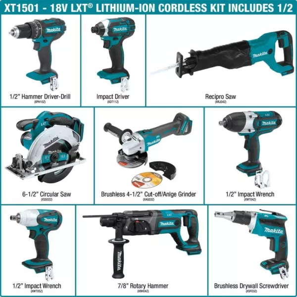 Makita 18-Volt LXT Lithium-ion Cordless 15-Piece Combo Kit with (4) Batteries 3.0Ah, Charger and (2) Bags