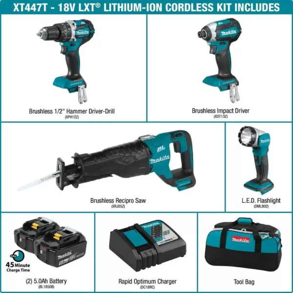 Makita 18-Volt 4-Piece 5.0Ah LXT Lithium-Ion Brushless Cordless Combo Kit Hammer Drill/ Impact Driver/ Recipro Saw/ Flashlight