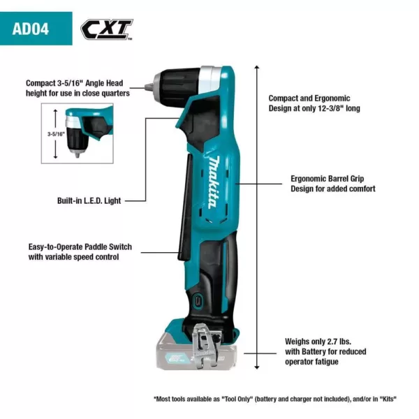 Makita 12-Volt MAX CXT Lithium-Ion Cordless 3/8 in. Right Angle Drill Kit (2.0 Ah)