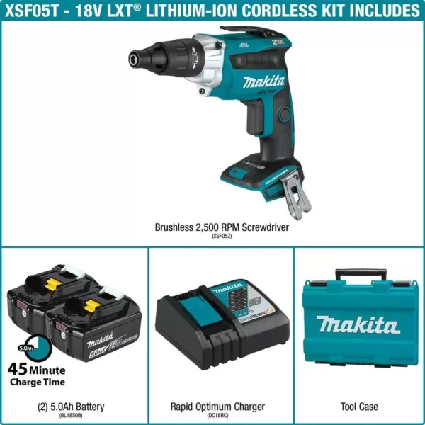 Makita 18-Volt 5.0 Ah LXT Lithium-Ion Brushless Cordless 2500 RPM Screwdriver Kit