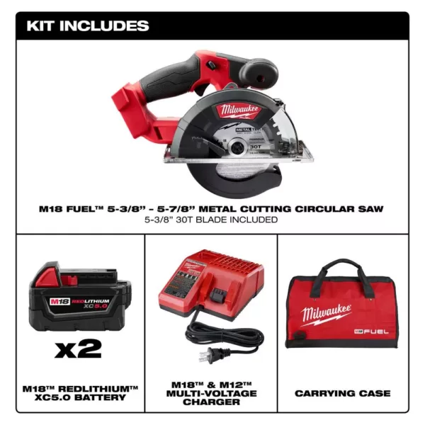 Milwaukee M18 FUEL 18-Volt Lithium-Ion Brushless Cordless Metal Cutting 5-3/8 in. Circular Saw Kit w/ Two 5.0Ah Batteries, Charger