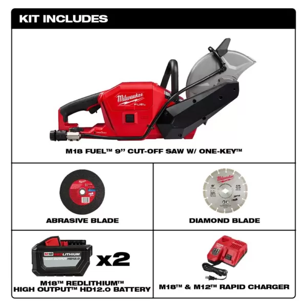 Milwaukee M18 FUEL ONE-KEY 18-Volt Lithium-Ion Brushless Cordless 9 in. Cut Off Saw Kit W/ (2) 12.0Ah Batteries & Rapid Charger