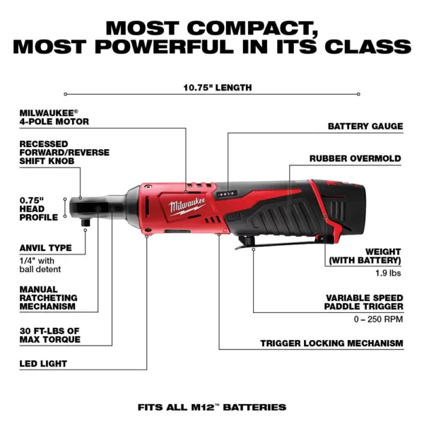 Milwaukee M12 12-Volt Lithium-Ion Cordless 1/4 in. Ratchet Kit w/ (1) 1.5Ah Battery, Charger and Tool Bag