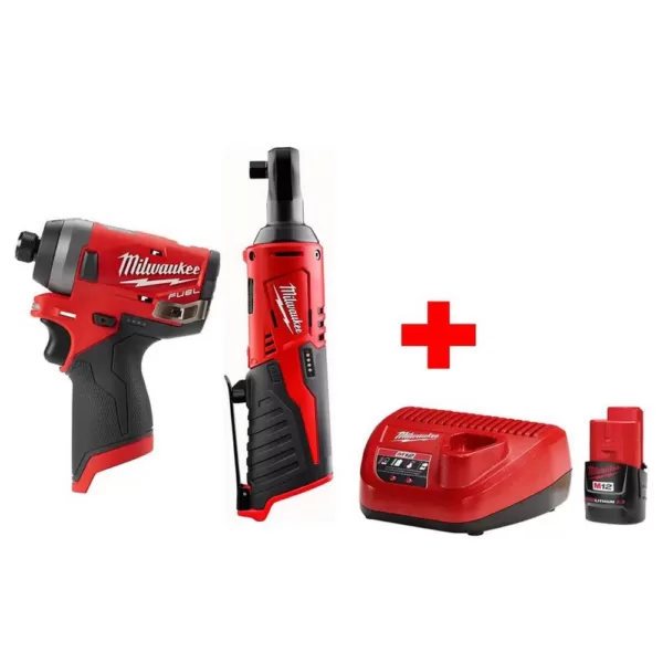 Milwaukee M12 12-Volt Lithium-Ion Cordless 3/8 in. Ratchet & FUEL 1/4 in. Impact Driver Combo Kit with (1) 2.0Ah Battery & Charger