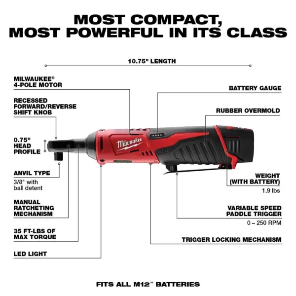 Milwaukee M12 12-Volt Lithium-Ion Cordless 3/8 in. and 1/4 in. Ratchet Kit (2-Tool) with Battery, Charger and Bag