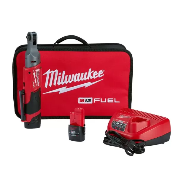 Milwaukee M12 FUEL 12-Volt Lithium-Ion Brushless Cordless 1/4 in. Ratchet Kit W/ (2) 2.0Ah Batteries, Charger & Tool Bag