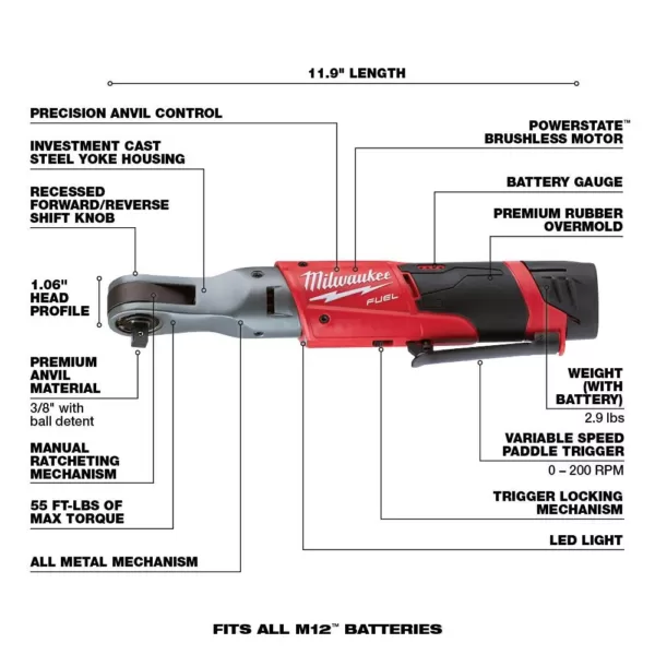 Milwaukee M12 FUEL 12-Volt Lithium-Ion Brushless Cordless 3/8 in. Ratchet Multi-Tool Combo Kit with (1) 2.0Ah Battery and Charger