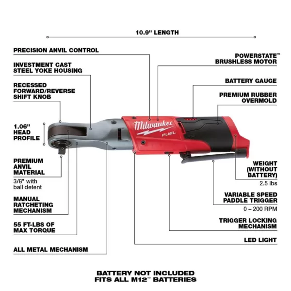 Milwaukee M12 FUEL 12-Volt Lithium-Ion Brushless Cordless 3/8 in. Ratchet &1/4 in. Impact Wrench with two 3.0 Ah Batteries