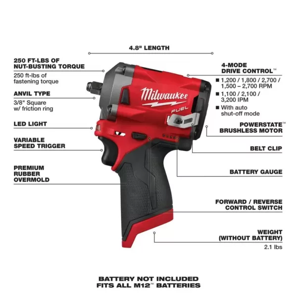 Milwaukee M12 FUEL 12-Volt Lithium-Ion Brushless Cordless 3/8 in. Ratchet and Impact and Inflator Combo Kit (Tool-Only Kit)