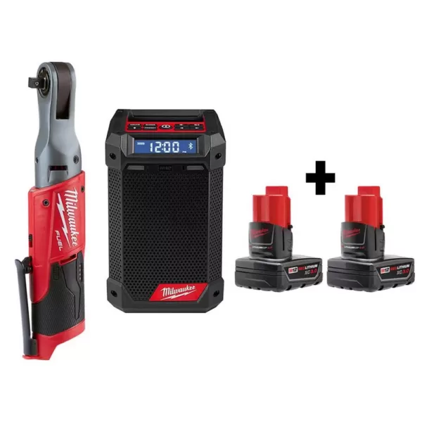 Milwaukee M12 FUEL 12-Volt Lithium-Ion Brushless Cordless 3/8 in. Ratchet and Jobsite Radio with two 3.0 Ah Batteries