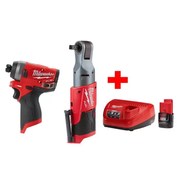 Milwaukee M12 FUEL 12-Volt Lithium-Ion Brushless Cordless 1/2 in. Ratchet & 1/4 in. Impact Combo with (1) 2.0Ah Battery & Charger