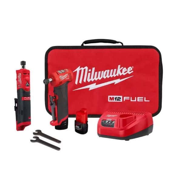 Milwaukee M12 FUEL 12-Volt Lithium-Ion Brushless Cordless 1/4 in. Right Angle & Straight Die Grinder Kit with (2) 2.0Ah Batteries