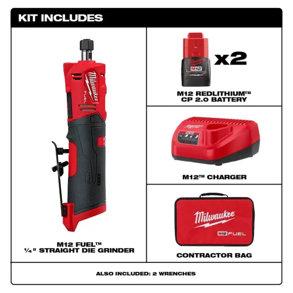 Milwaukee M12 FUEL 12-Volt Lithium-Ion Brushless Cordless 1/4 in. Straight Die Grinder Kit with Two 2.0 Ah Batteries