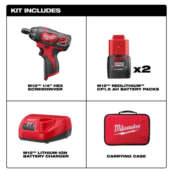 Milwaukee M12 12-Volt Lithium-Ion Cordless 1/4 in. Hex Screwdriver Kit with Two 1.5Ah Batteries, Charger and Tool Bag