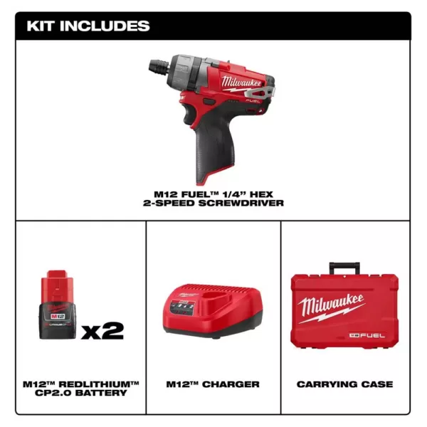 Milwaukee M12 FUEL 12-Volt Lithium-Ion Brushless Cordless 1/4 in. Hex 2-Speed Screwdriver Kit W/(2) 2.0h Batteries & Hard Case