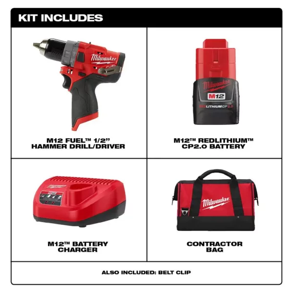 Milwaukee M12 FUEL 12-Volt Lithium-Ion Brushless Cordless 1/2 in. Hammer Drill Kit with 2.0 Ah Battery and Bag