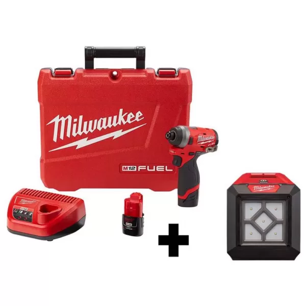 Milwaukee M12 FUEL 12-Volt Lithium-Ion Brushless Cordless 1/4 in. Hex Impact Driver Kit with Free M12 LED Flood Light