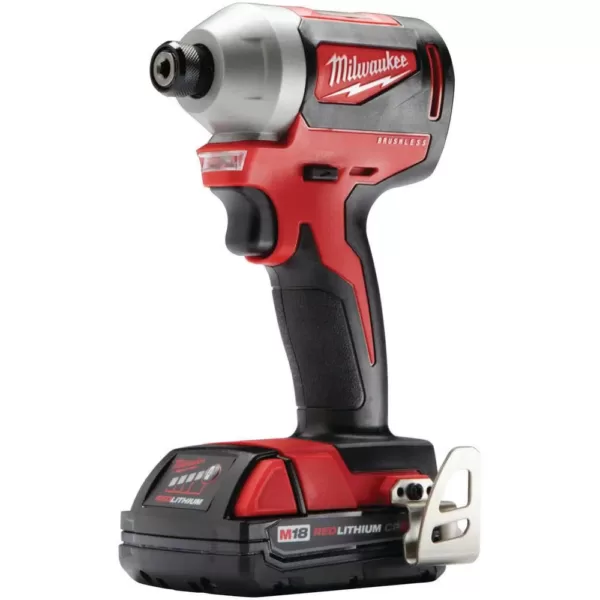 Milwaukee M18 18-Volt Lithium-Ion Compact Brushless Cordless 1/4 in. Impact Driver Kit W/ (1) 2.0 Ah Battery, Charger & Tool Bag