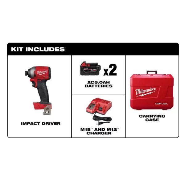 Milwaukee M18 FUEL 18-Volt Lithium-Ion Brushless Cordless 1/4 in. Hex Impact Driver Kit with Two 5.0Ah Batteries Charger Hard Case