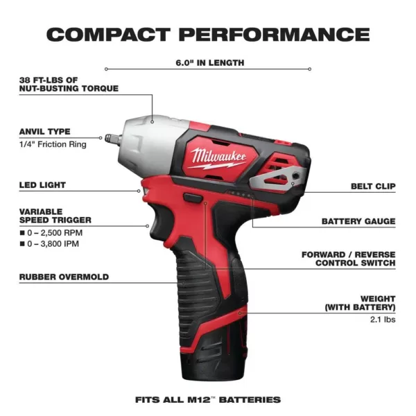 Milwaukee M12 12-Volt Lithium-Ion Cordless 1/4 in. Impact Wrench Kit W/ (2) 1.5Ah Batteries, Charger & Hard Case