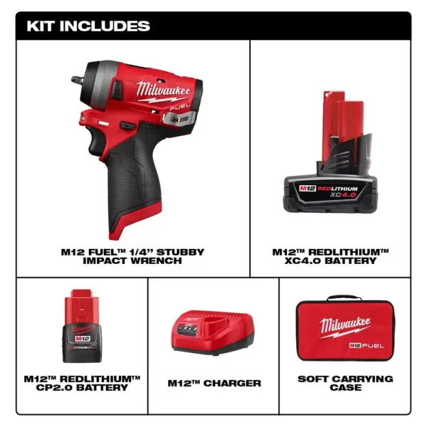 Milwaukee M12 FUEL 12-Volt Lithium-Ion Brushless Cordless Stubby 1/4 in. Impact Wrench Kit with One 4.0 and One 2.0Ah Batteries