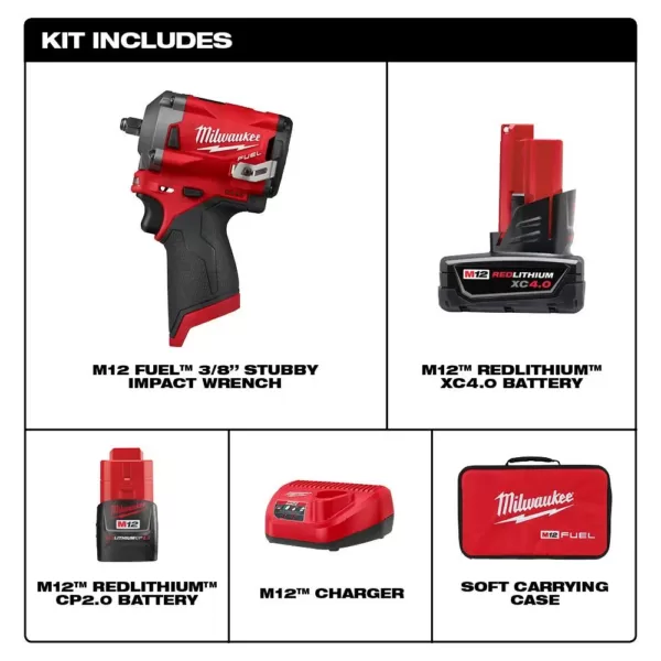 Milwaukee M12 FUEL 12-Volt Lithium-Ion Brushless Cordless Stubby 3/8 in. Impact Wrench Kit with One 4.0 and One 2.0Ah Batteries