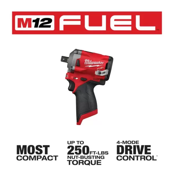 Milwaukee M12 FUEL 12-Volt Lithium-Ion Brushless Cordless Stubby 1/2 in. Impact Wrench with Pin Detent (Tool-Only)