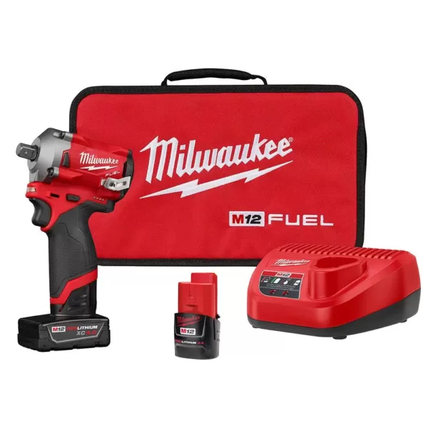 Milwaukee M12 FUEL 12-Volt Lithium-Ion Brushless Cordless Stubby 1/2 in. Impact Wrench Kit with Pin Detent, 2 Batteries and Bag