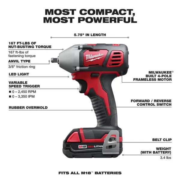 Milwaukee M18 18-Volt Lithium-Ion Cordless 3/8 in. Impact Wrench W/ Friction Ring W/(2) 1.5Ah Batteries, Charger, Hard Case