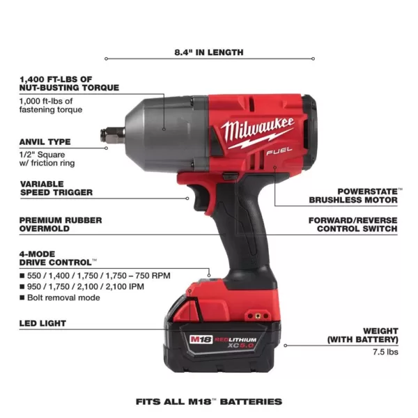 Milwaukee M18 FUEL 18-Volt Lithium-Ion Brushless Cordless 1/2 in. Impact Wrench w/Friction Ring Kit w/One 5.0 Ah Battery and Bag