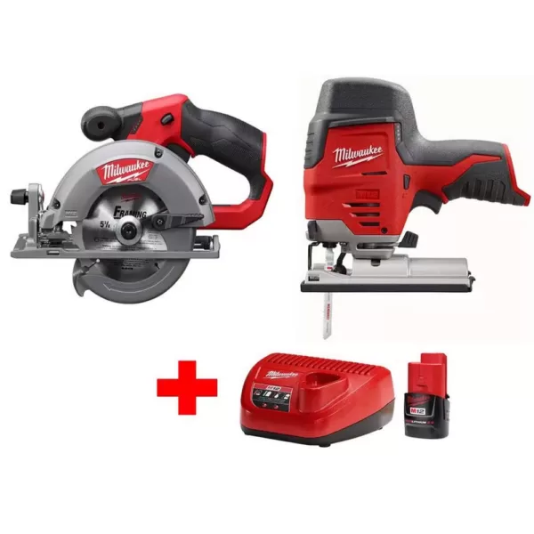 Milwaukee M12 12-Volt Lithium-Ion Cordless Jig Saw and 5-3/8 in. Circular Saw Combo Kit W/ (1) 2.0Ah Battery and Charger