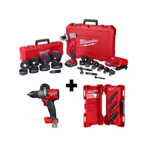 Milwaukee M18 18-Volt Lithium-Ion Cordless 1/2 in. to 4 in. Force Logic 6 Ton Knockout Tool Kit w/ Hammer Drill and Step Bits Set