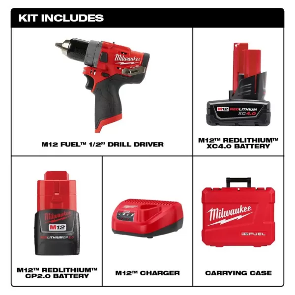 Milwaukee M12 FUEL 12-Volt Lithium-Ion Brushless Cordless 1/2 in. Drill Driver Kit with 4.0Ah and 2.0Ah Battery and Hard Case