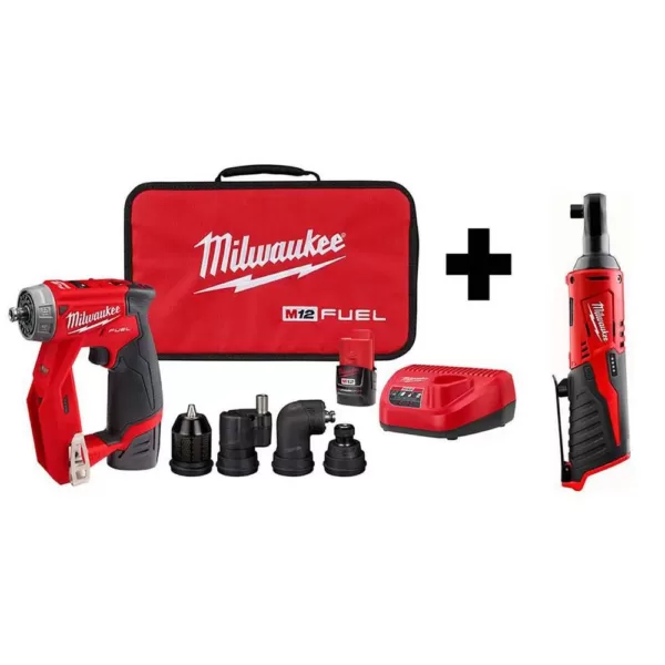 Milwaukee M12 FUEL 12-Volt Lithium-Ion Brushless Cordless 4-in-1 Installation 3/8 in. Drill Driver Kit W/ M12 3/8 in. Ratchet