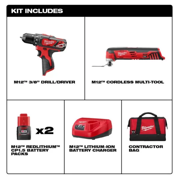 Milwaukee M12 12-Volt Lithium-Ion Cordless Drill Driver/Multi-Tool Combo Kit (2-Tool) with (2) 1.5 Ah Battery and Tool Bag