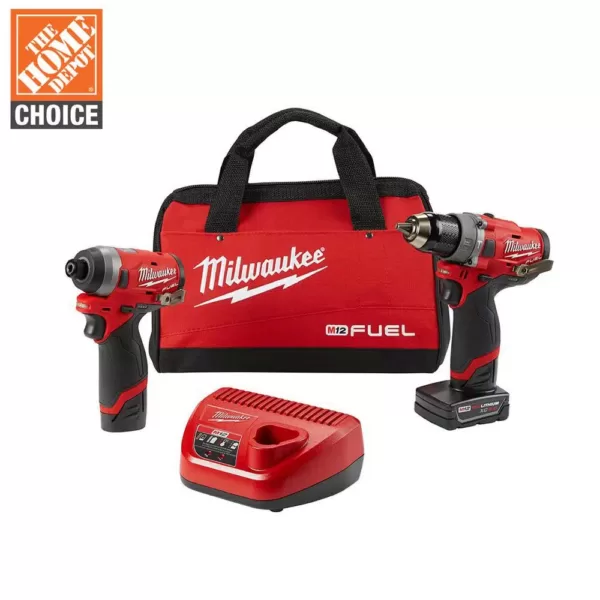 Milwaukee M12 FUEL 12-Volt Lithium-Ion Brushless Cordless Hammer Drill and Impact Driver Combo Kit with 2 Batteries & Bag (2-Tool)