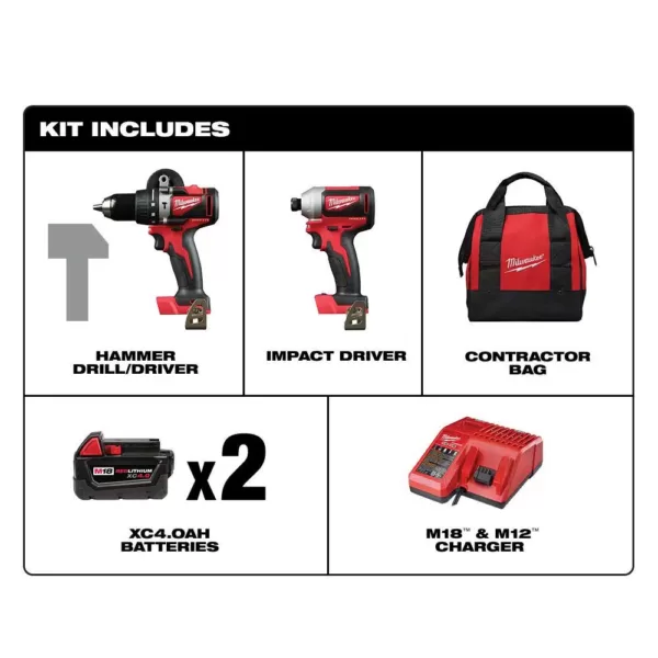 Milwaukee M18 18-Volt Lithium-Ion Brushless Cordless Compact Hammer Drill/Impact Combo Kit (2-Tool) with (2) 4.0Ah Batteries, Bag