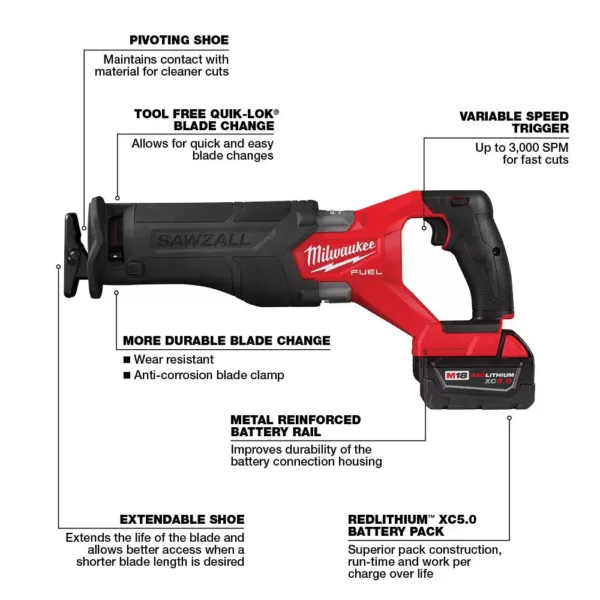 Milwaukee M18 FUEL 18-Volt Lithium-Ion Brushless Cordless SAWZALL Reciprocating Saw Kit w/Two 5.0 Ah Batteries Charger & Hard Case