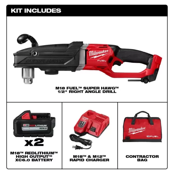 Milwaukee M18 FUEL 18-Volt Lithium-Ion Brushless Cordless GEN 2 SUPER HAWG 1/2 in. Right Angle Drill Kit