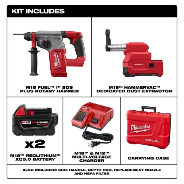 Milwaukee M18 FUEL 18-Volt Lithium-Ion Brushless Cordless 1 in. SDS-Plus Rotary Hammer W/ Dust Extractor Kit, (2) 5.0Ah Batteries