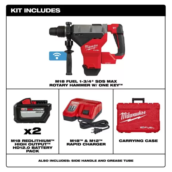 Milwaukee M18 FUEL ONE-KEY 18-Volt Lithium-Ion Brushless Cordless 1-3/4 in. SDS-MAX Rotary Hammer with Two 12.0 Ah Battery