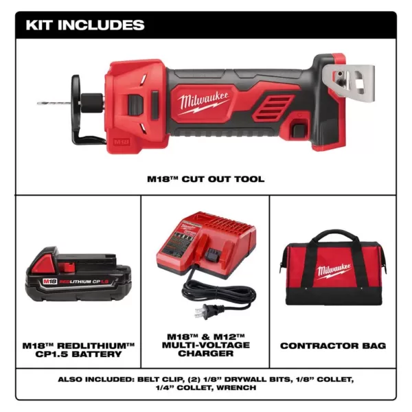 Milwaukee M18 18-Volt Lithium-Ion Cordless Rotary Cut Out Tool Kit with Two 1.5 Ah Batteries, Charger and Tool Bag