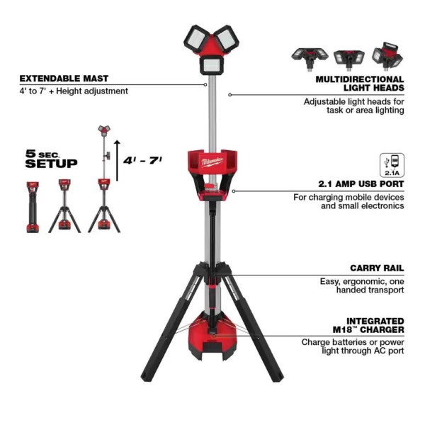 Milwaukee M18 18-Volt Lithium-Ion Cordless 6,000 Lumens Rocket Dual Power Tower Light with Charger (Tool-Only)