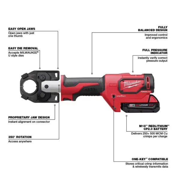 Milwaukee M18 18-Volt Lithium-Ion Cordless FORCE LOGIC 600 MCM Crimper Kit with #8 350 MCM Al Dies 350 MCM Al